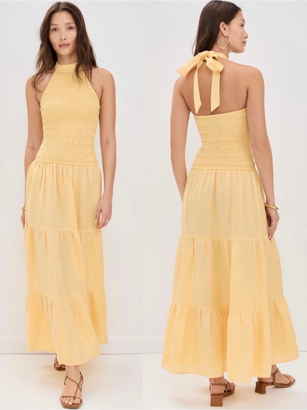 The Wolf Gang Ostia Women’s Shirred Halter Linen Blend Yellow Maxi Dress Medium